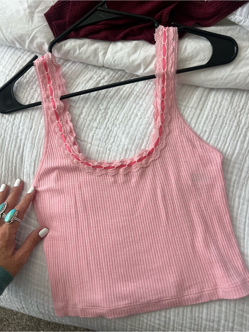 aerie Pink Ribbed Lace-Trim Crop Tank
